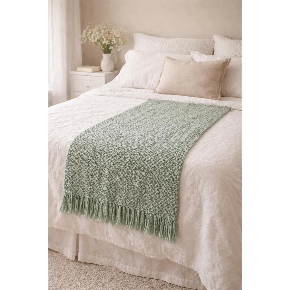 Sage Green Knit Throw Scarf Decorative Bed Runner Fringe Cottagecore Cozy Home